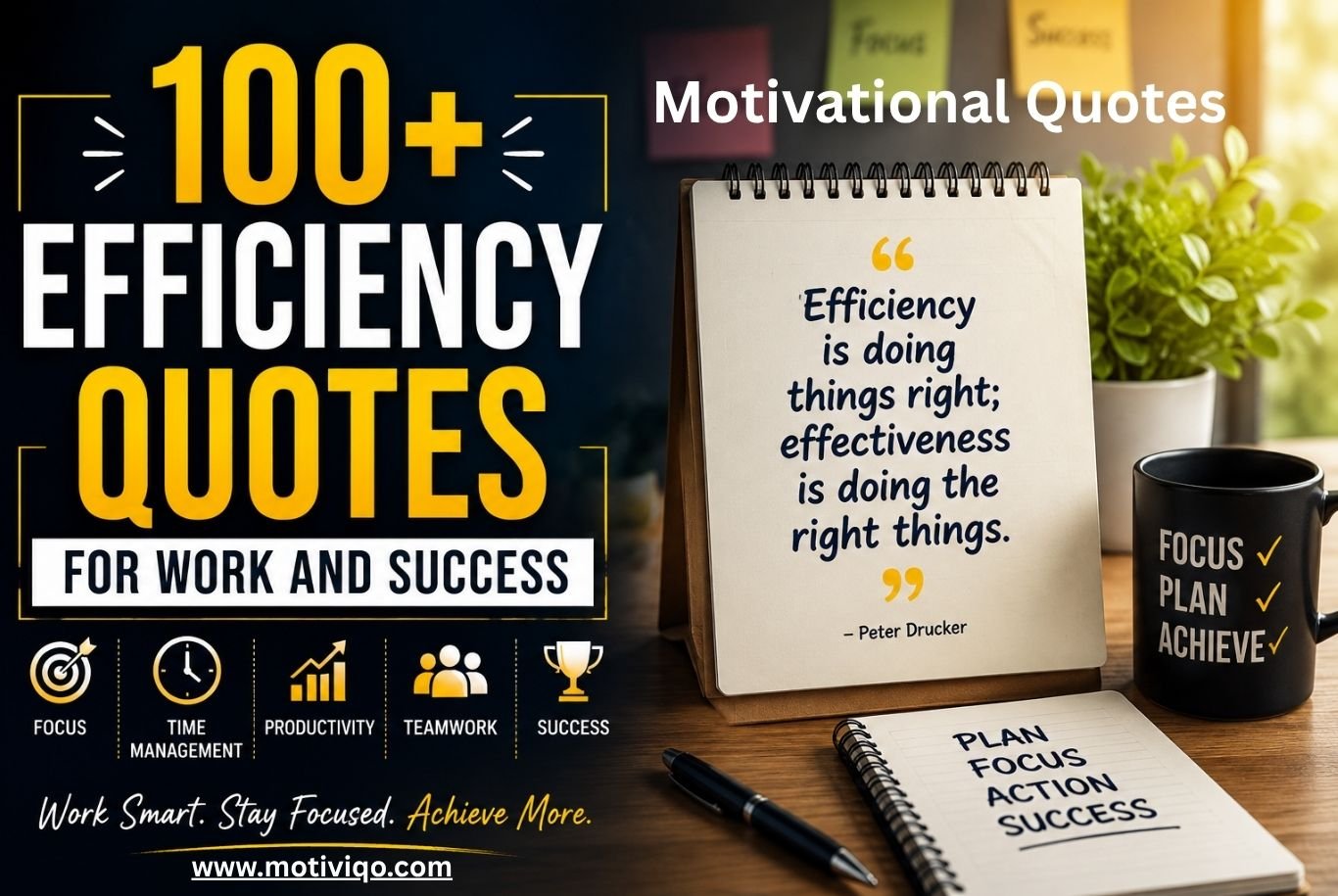Efficiency quotes for work and productivity motivation with workspace setup