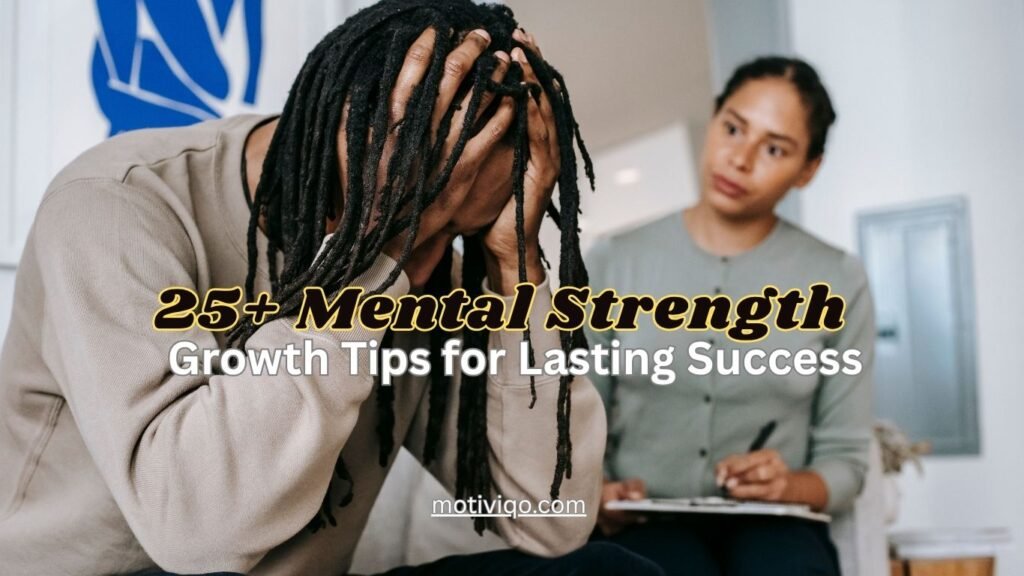 Mental strength growth tips showing calm people with a positive mindset and a stressed man illustrating resilience, emotional strength, and stress management.