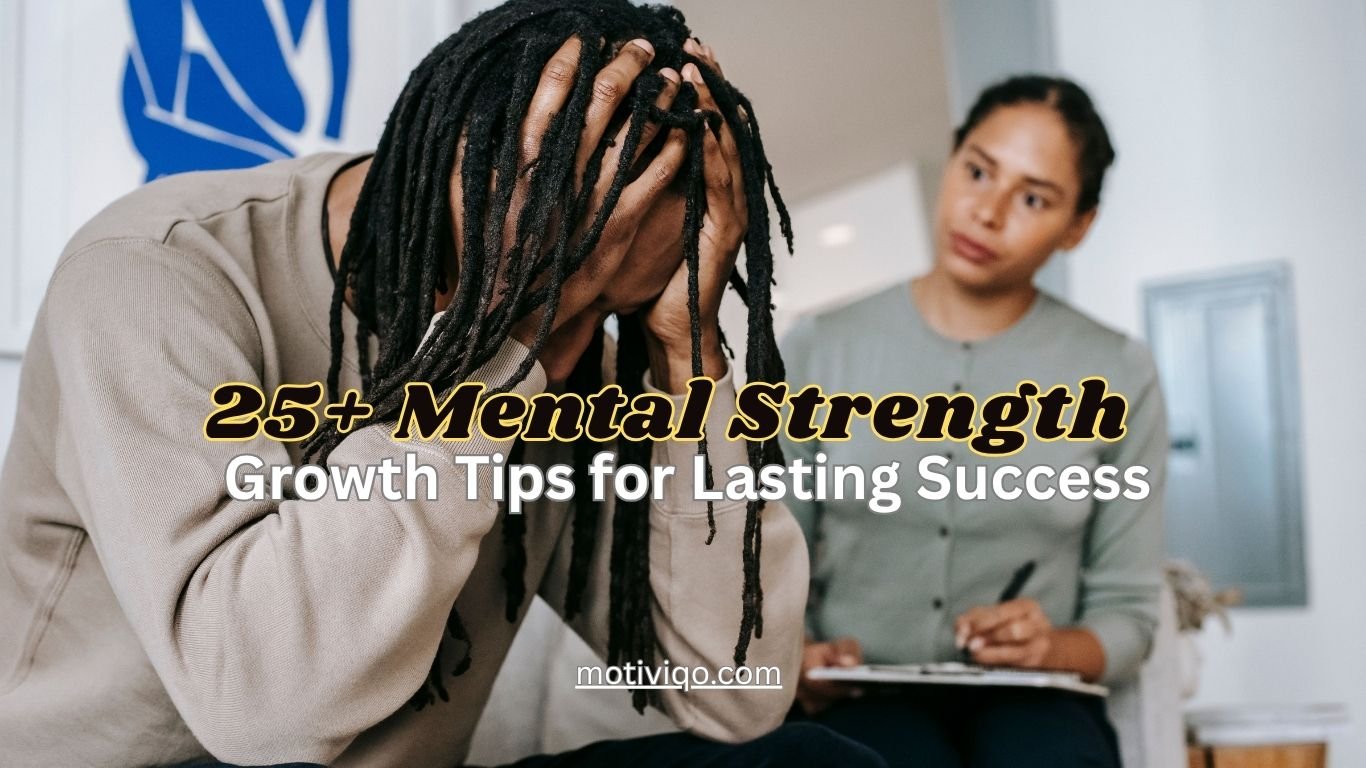 Mental strength growth tips showing calm people with a positive mindset and a stressed man illustrating resilience, emotional strength, and stress management.